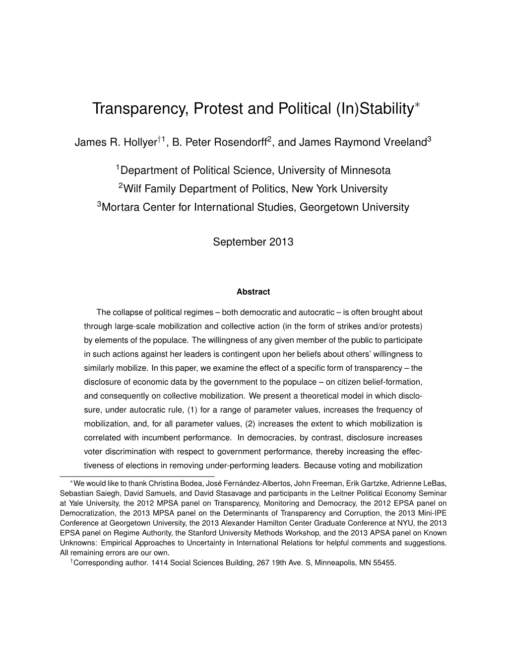 Transparency, Protest and Political (In)Stability∗