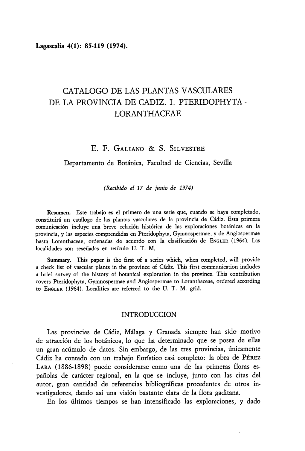 Catalogo De Las Plantas Vasculares De La Provincia De Cadiz. I. Pteridophyta - Loranthaceae