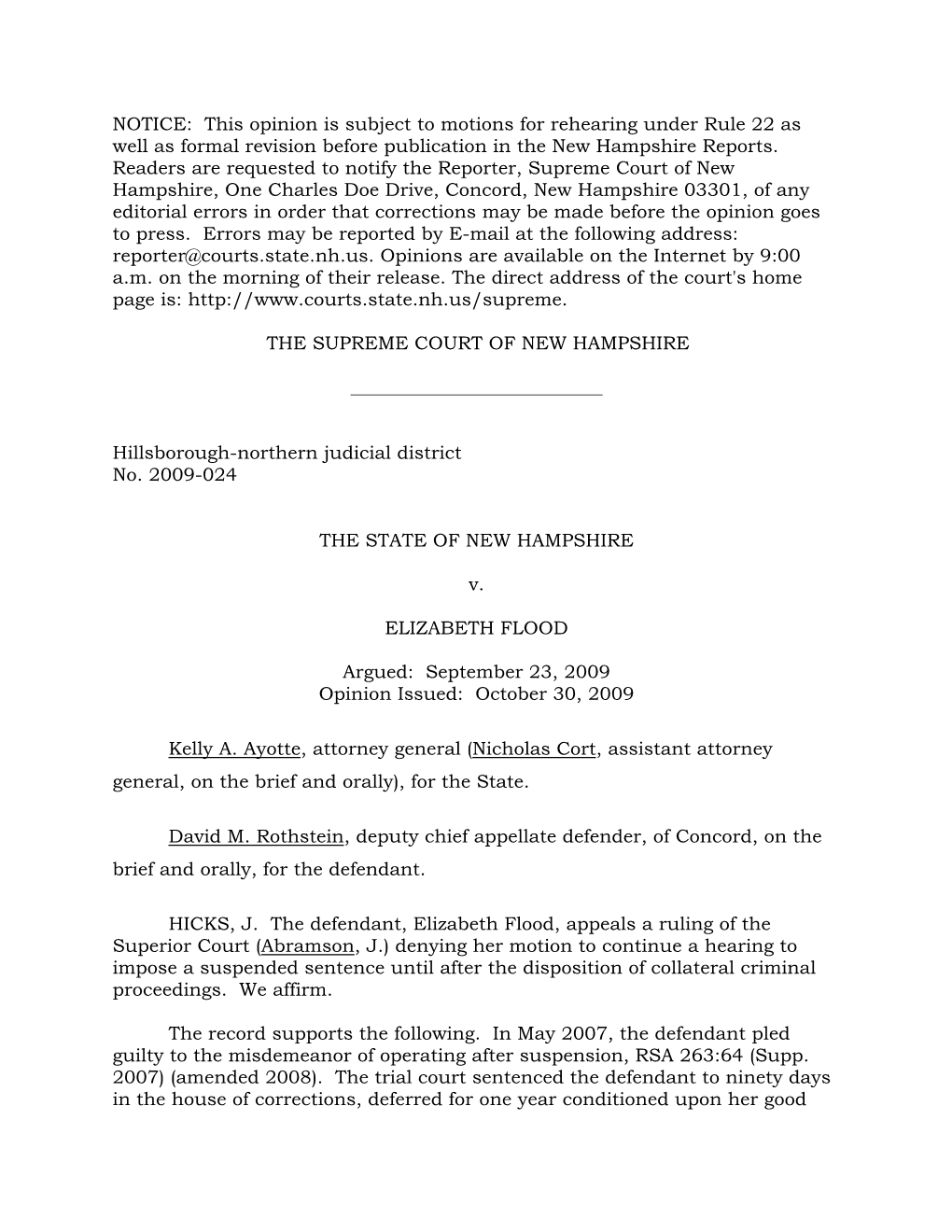 2009-024, STATE of NEW HAMPSHIRE V. ELIZABETH FLOOD