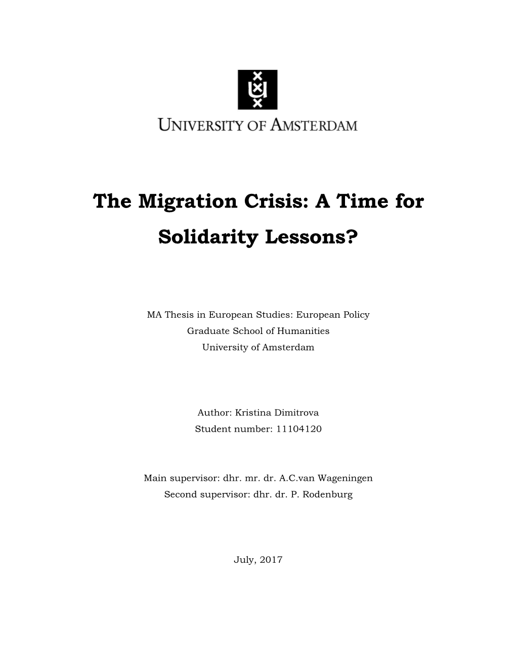 The Migration Crisis: a Time for Solidarity Lessons?
