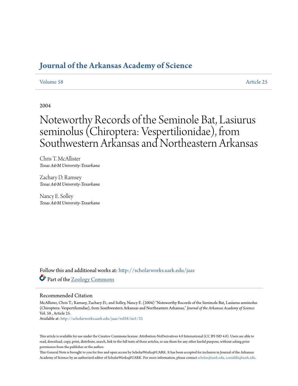 Noteworthy Records of the Seminole Bat, Lasiurus Seminolus (Chiroptera: Vespertilionidae), from Southwestern Arkansas and Northeastern Arkansas Chris T