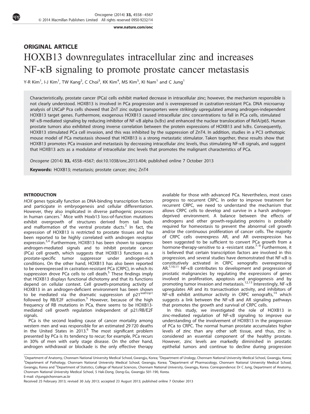 HOXB13 Downregulates Intracellular Zinc and Increases NF-&Kappa