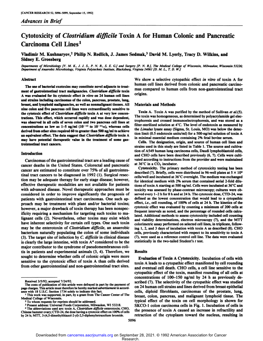 Cytotoxicity of Clostridium Difficile Toxin a for Human Colonie and Pancreatic Carcinoma Cell Lines1