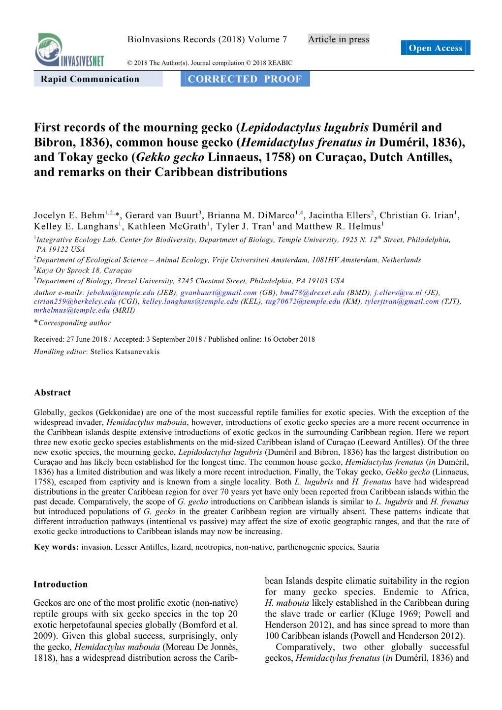 First Records of the Mourning Gecko (Lepidodactylus Lugubris