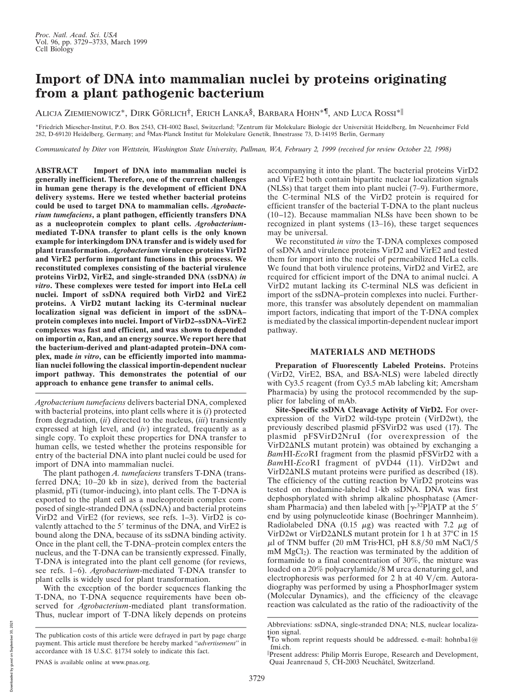 Import of DNA Into Mammalian Nuclei by Proteins Originating from a Plant Pathogenic Bacterium