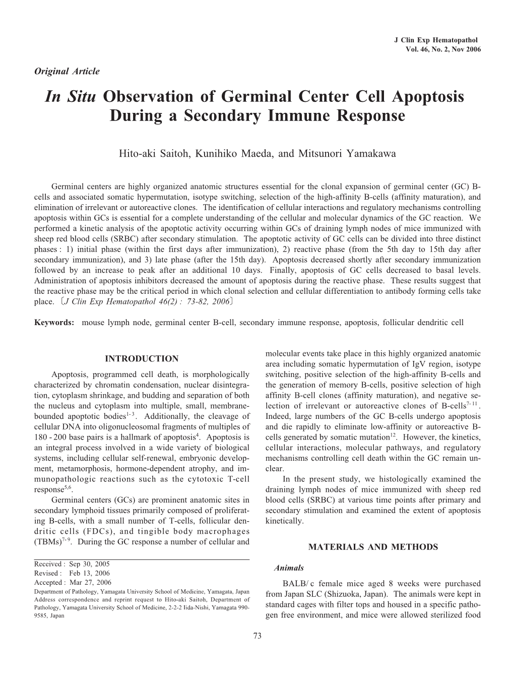 In Situ Observation of Germinal Center Cell Apoptosis During a Secondary Immune Response