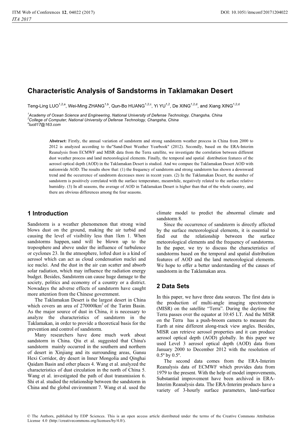 Characteristic Analysis of Sandstorms in Taklamakan Desert