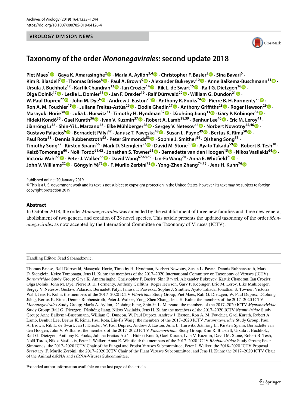Taxonomy of the Order Mononegavirales: Second Update 2018