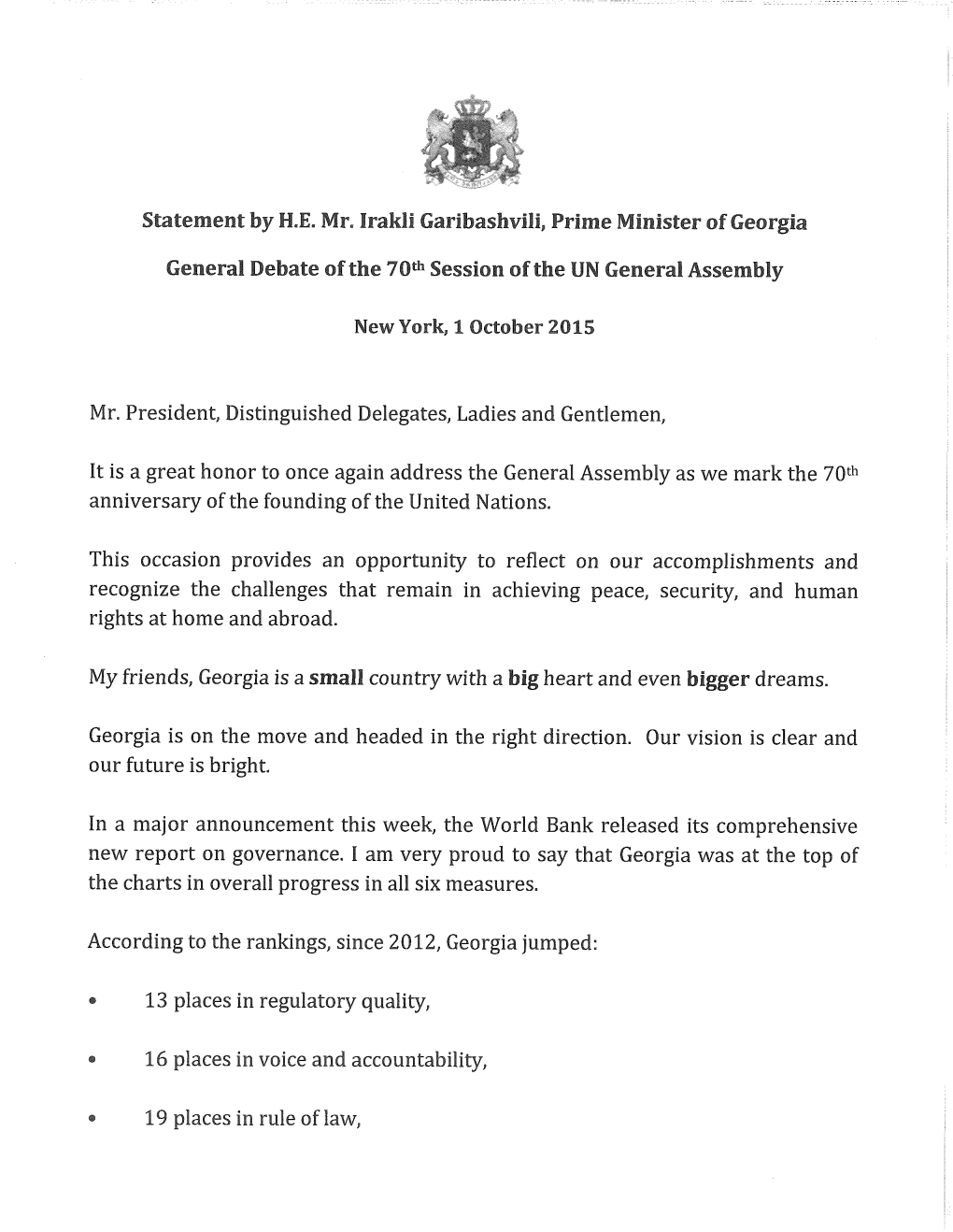 Statement by H°E. Mr. Irakli Garibashvili, Prime Minister of Georgia