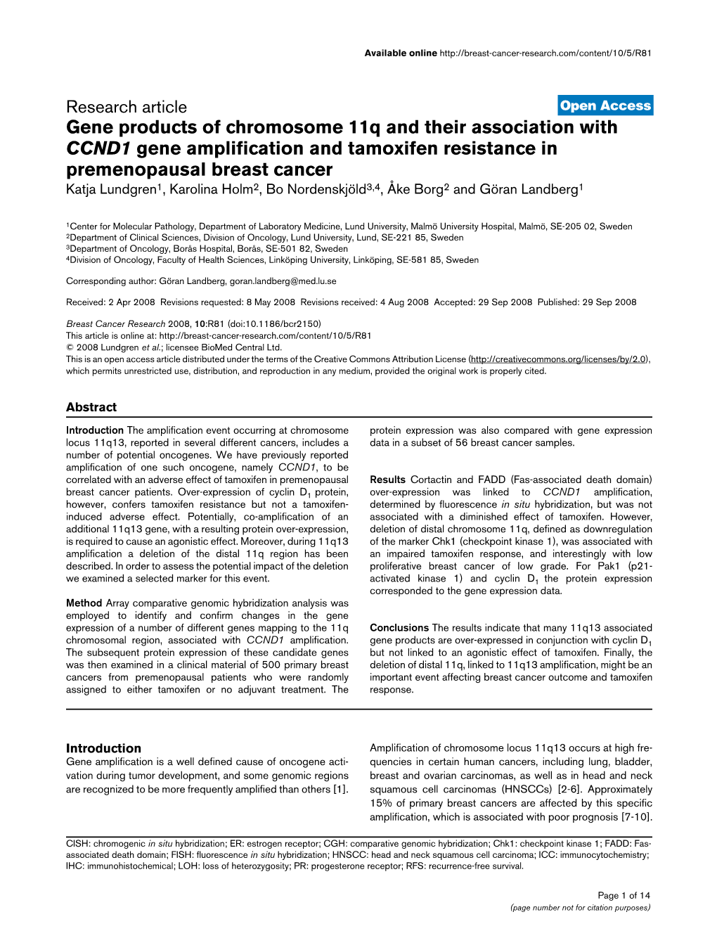 Gene Products of Chromosome 11Q and Their Association with CCND1