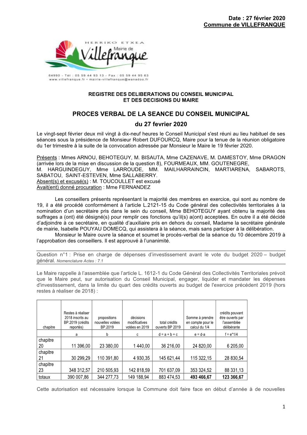 PROCES VERBAL DE LA SEANCE DU CONSEIL MUNICIPAL Du 27