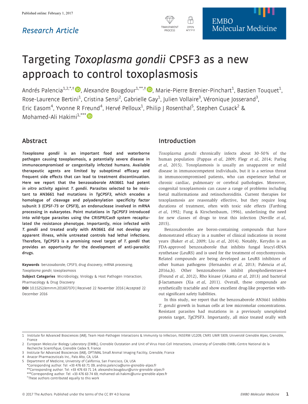 Targeting Toxoplasma Gondii CPSF3 As a New Approach to Control Toxoplasmosis