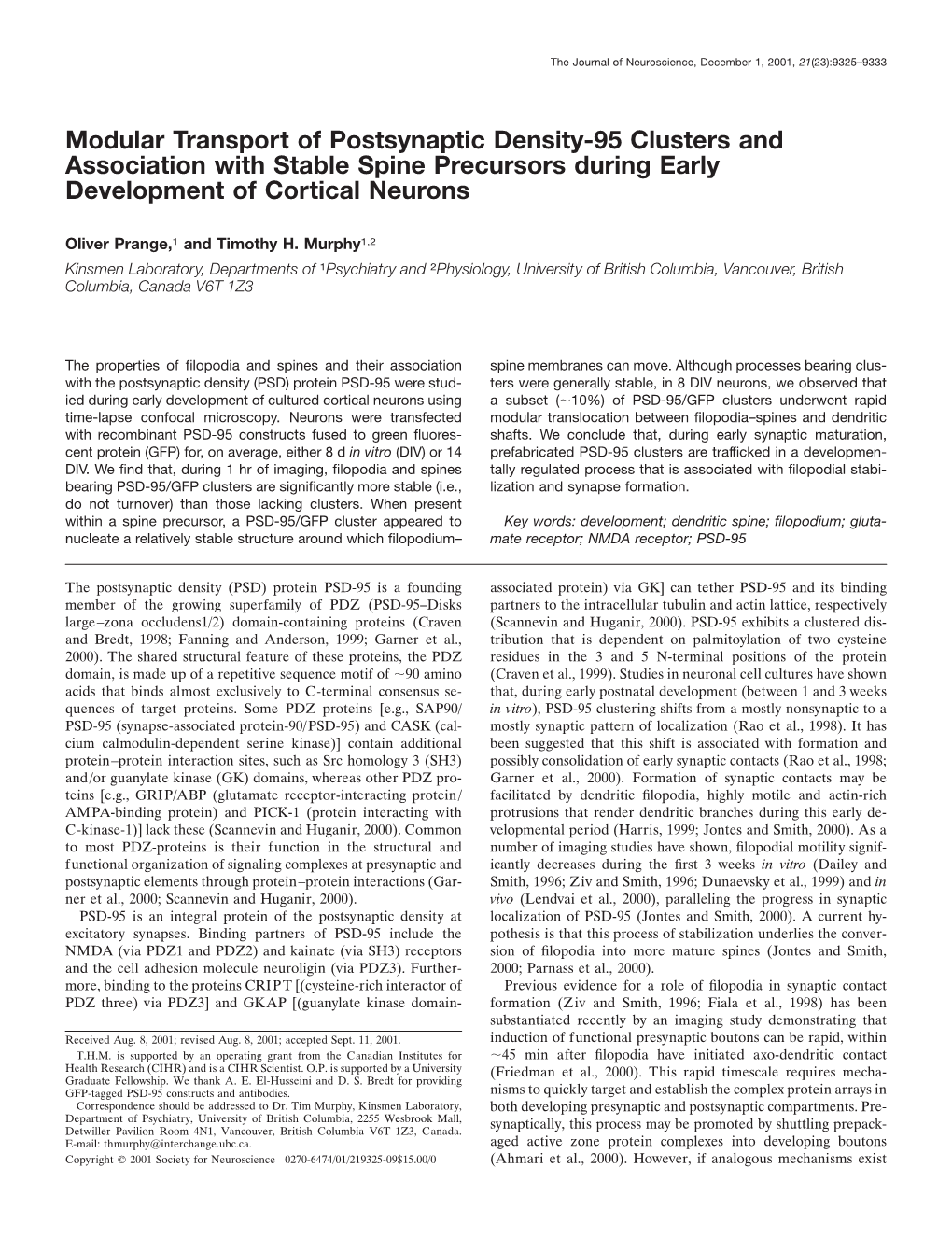 Modular Transport of Postsynaptic Density-95 Clusters and Association with Stable Spine Precursors During Early Development of Cortical Neurons