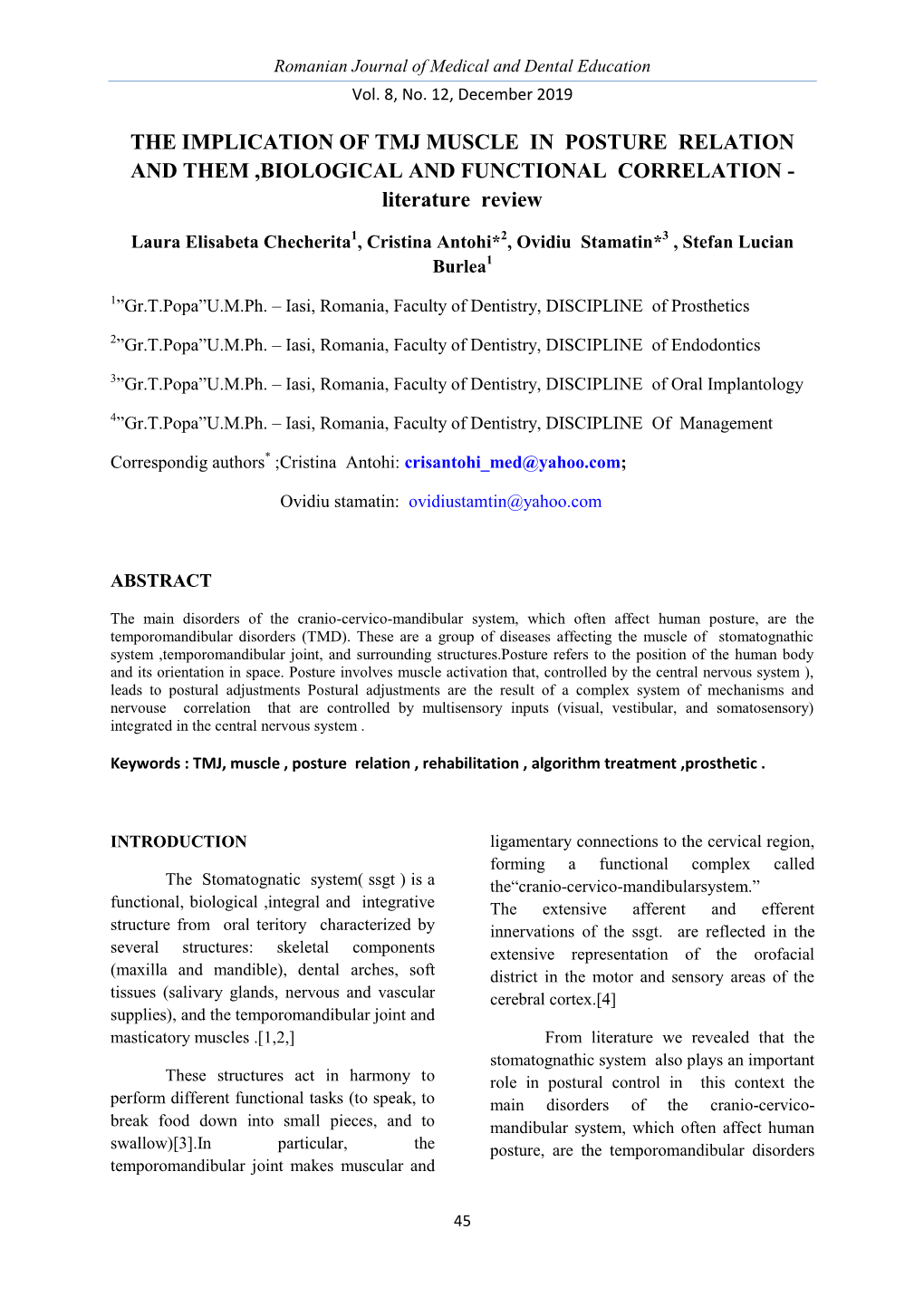 THE IMPLICATION of TMJ MUSCLE in POSTURE RELATION and THEM ,BIOLOGICAL and FUNCTIONAL CORRELATION - Literature Review