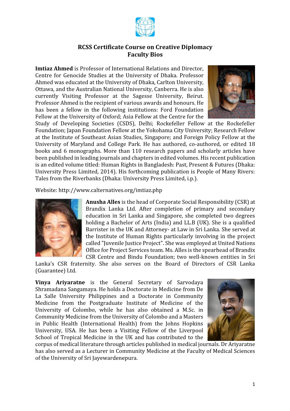 RCSS Certificate Course on Creative Diplomacy Faculty Bios