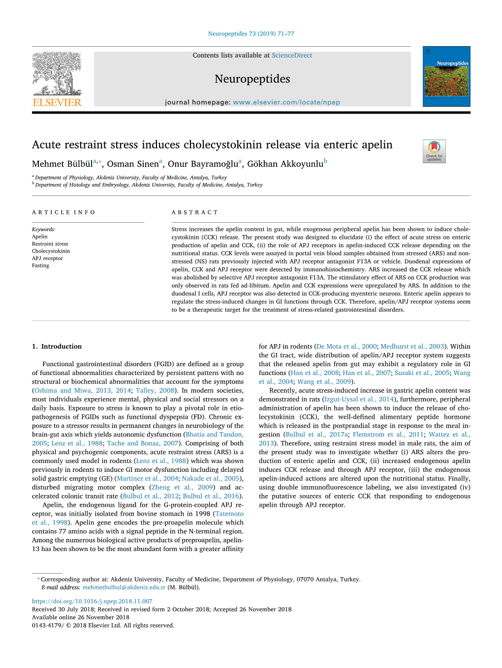 Acute Restraint Stress Induces Cholecystokinin Release Via Enteric