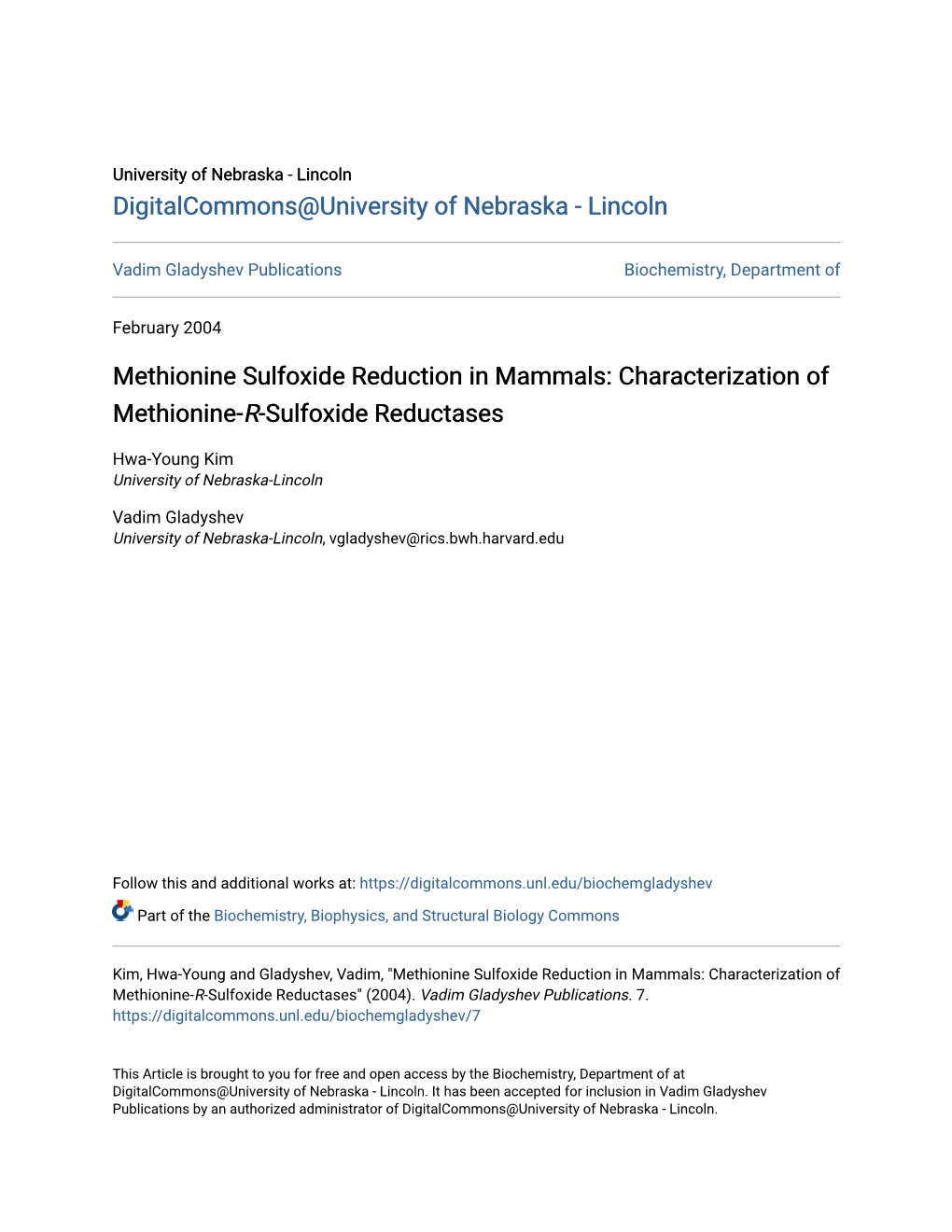 Methionine Sulfoxide Reduction in Mammals: Characterization of Methionine-R-Sulfoxide Reductases