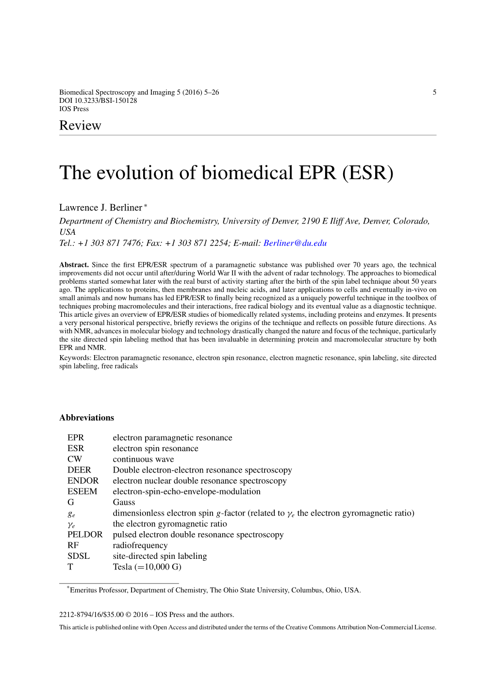 The Evolution of Biomedical EPR (ESR)