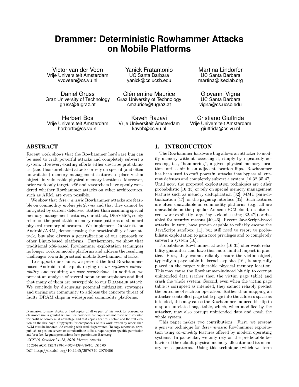 Drammer: Deterministic Rowhammer Attacks on Mobile Platforms