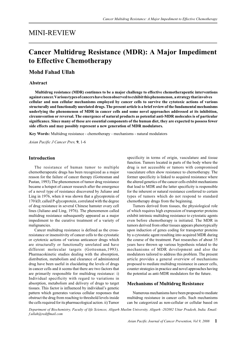 MINI-REVIEW Cancer Multidrug Resistance (MDR): a Major