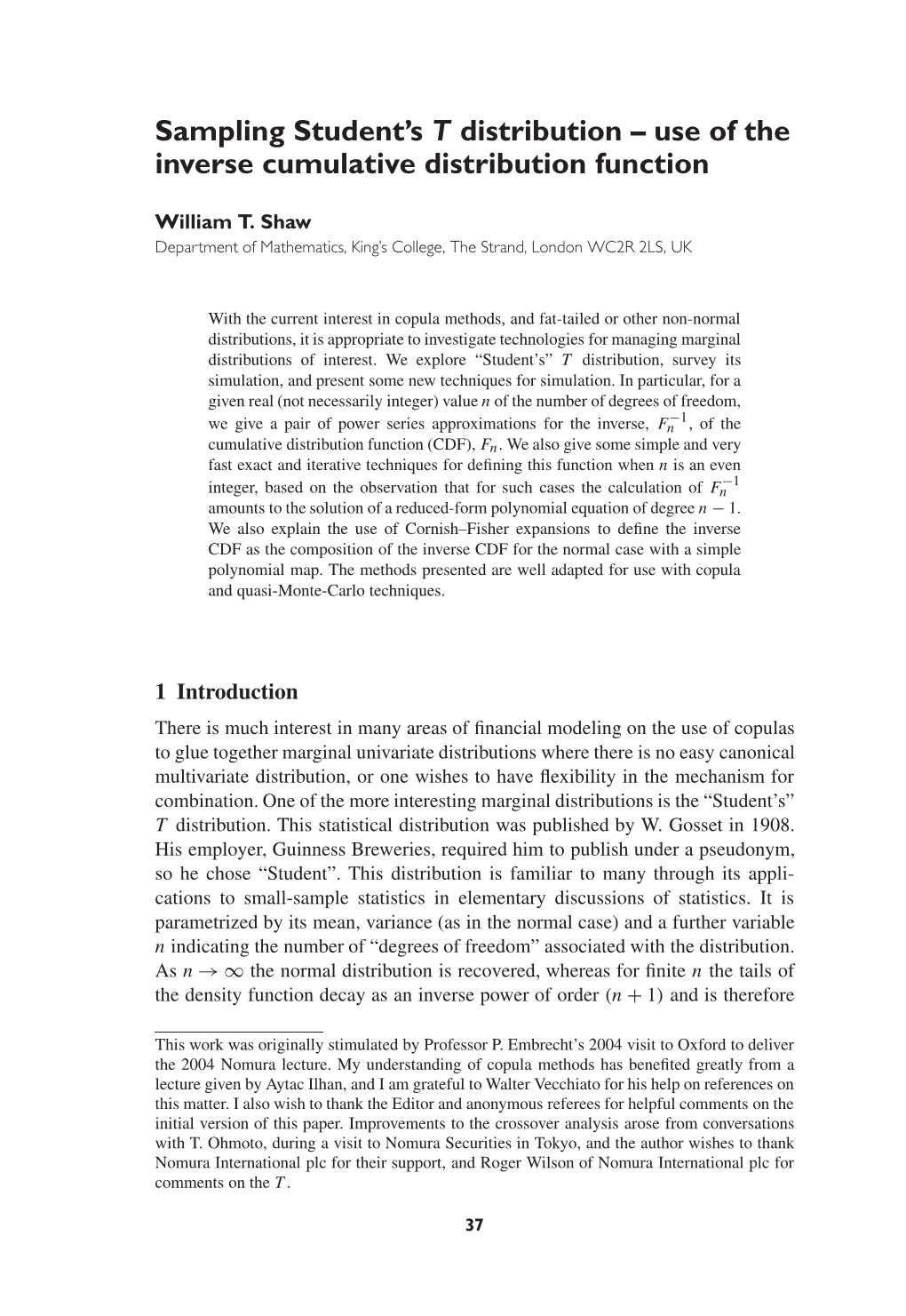 Sampling Student's T Distribution – Use of the Inverse Cumulative