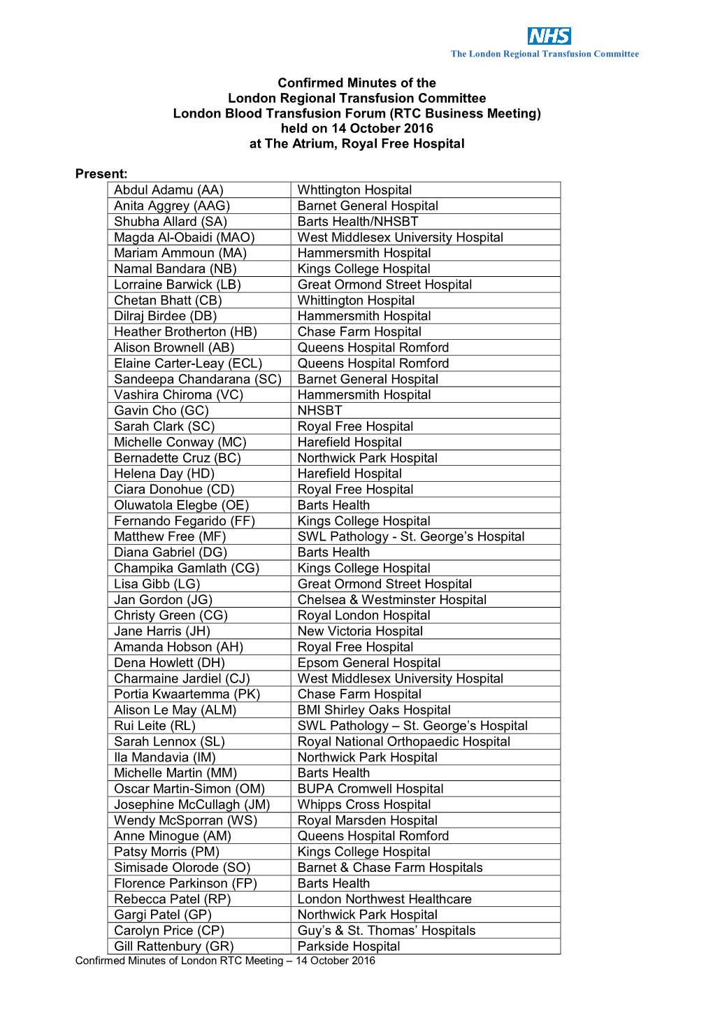 Confirmed Minutes of the London Regional Transfusion