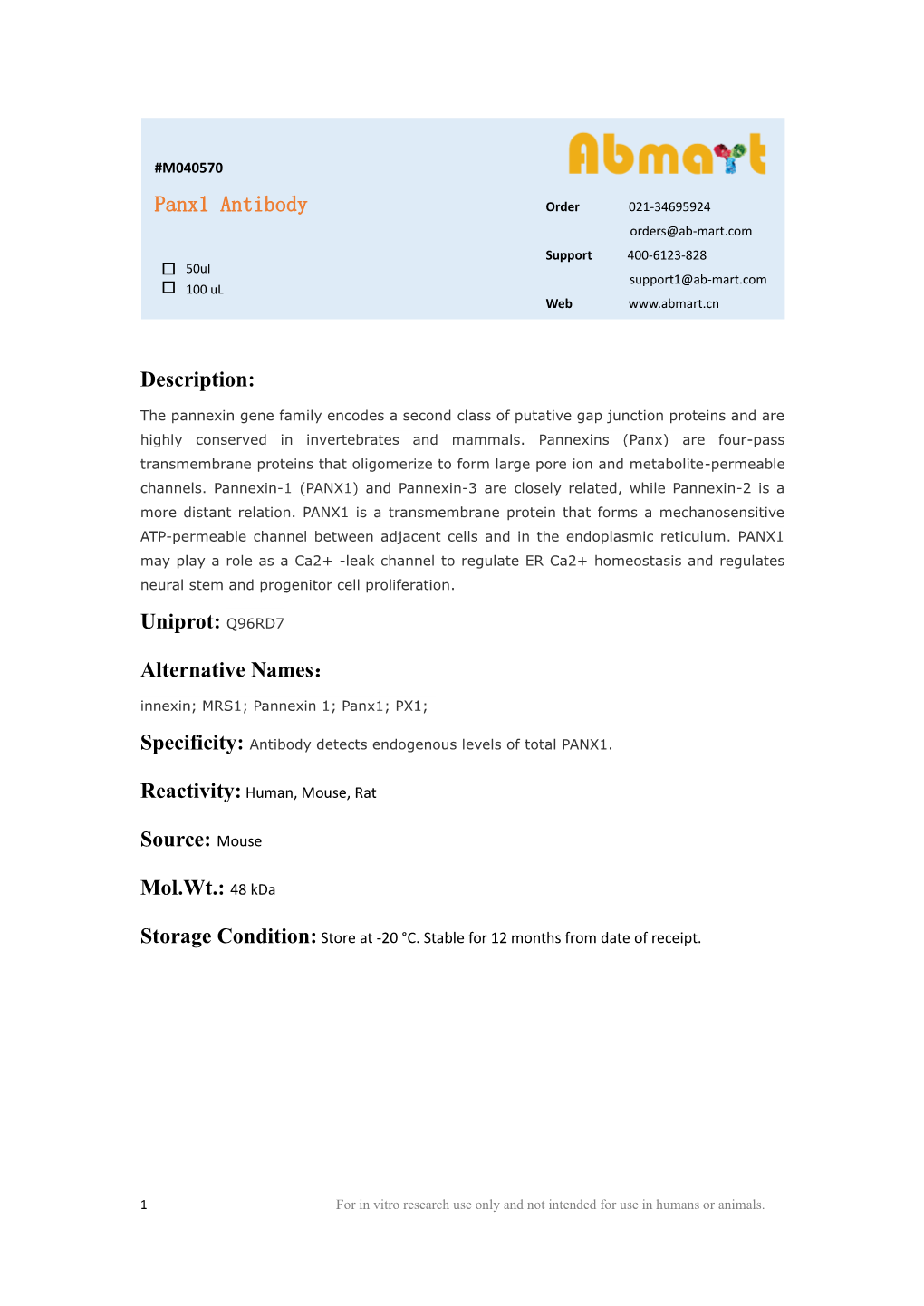 Mouse Mol.Wt.: 48 Kda Panx1 Antibody