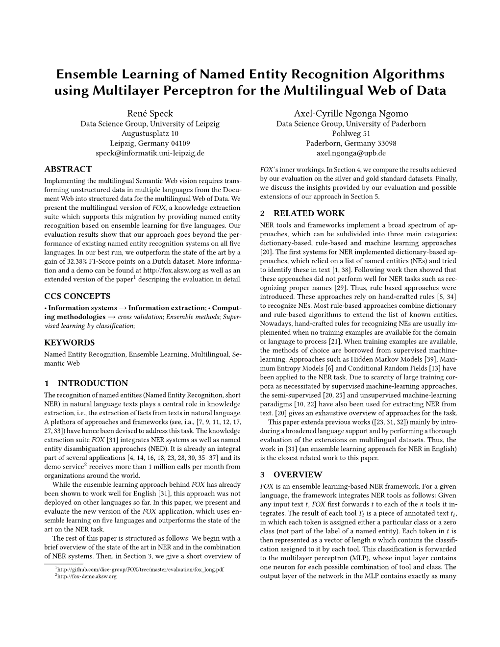 Ensemble Learning of Named Entity Recognition Algorithms Using Multilayer Perceptron for the Multilingual Web of Data