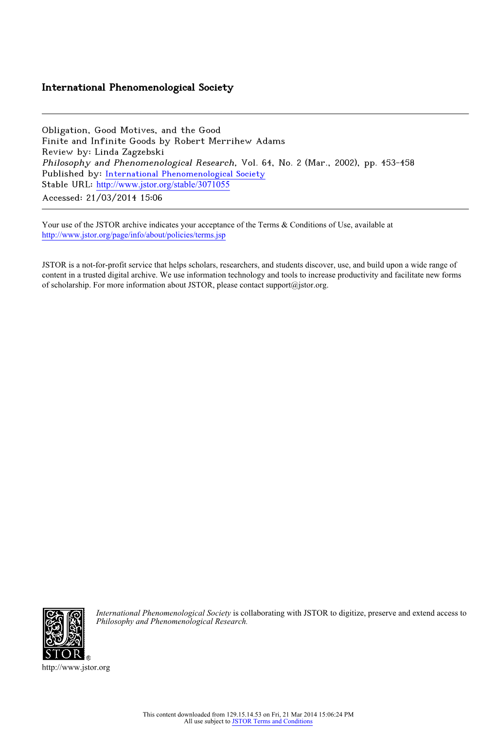 Downloaded from 129.15.14.53 on Fri, 21 Mar 2014 15:06:24 PM All Use Subject to JSTOR Terms and Conditions Philosophy and Phenomenological Research Vol