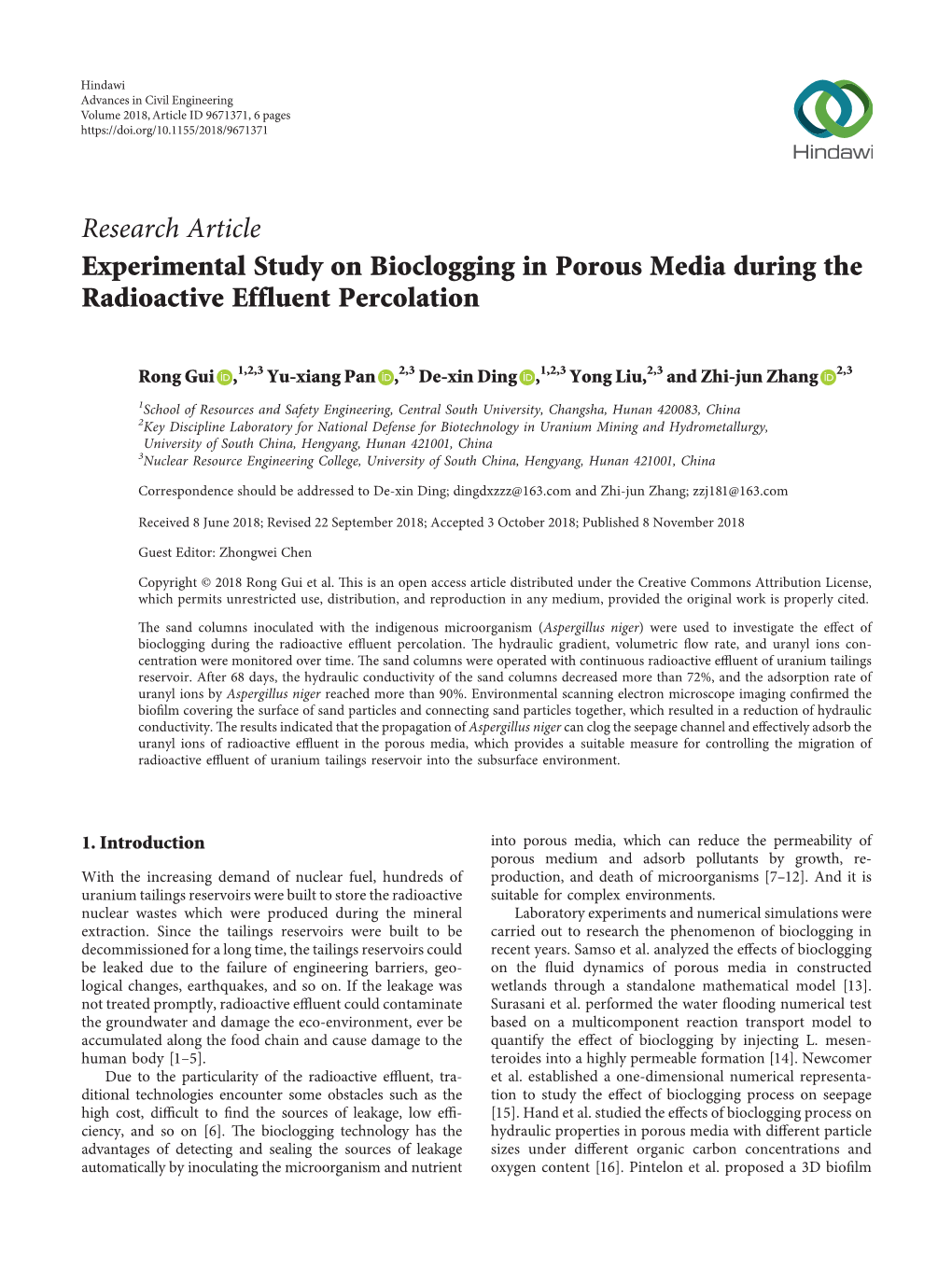 Experimental Study on Bioclogging in Porous Media During the Radioactive Effluent Percolation