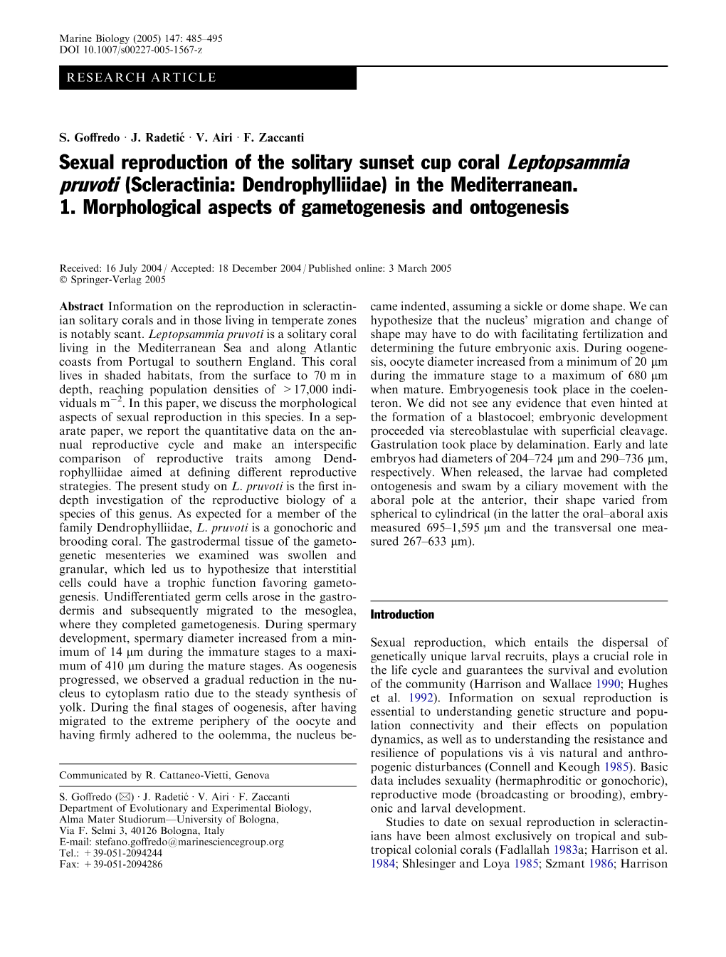 Sexual Reproduction of the Solitary Sunset Cup Coral Leptopsammia Pruvoti (Scleractinia: Dendrophylliidae) in the Mediterranean