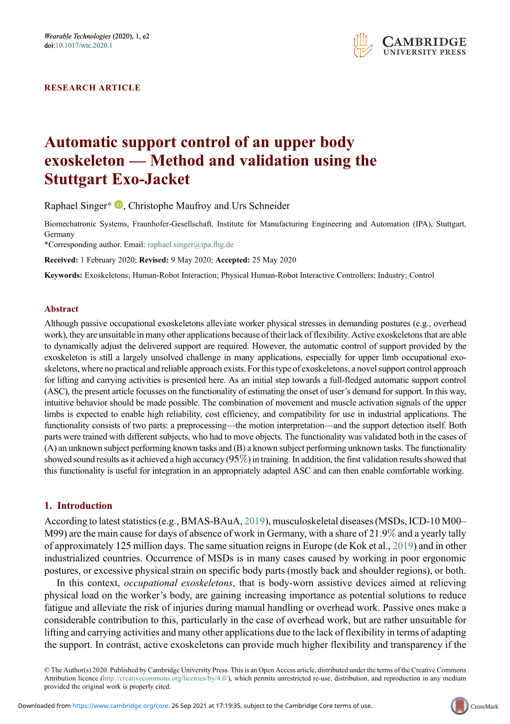 Automatic Support Control of an Upper Body Exoskeleton — Method and Validation Using the Stuttgart Exo-Jacket