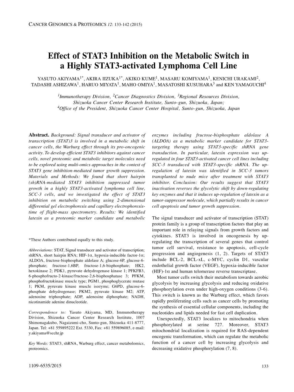 Effect of STAT3 Inhibition on the Metabolic Switch in a Highly STAT3-Activated Lymphoma Cell Line