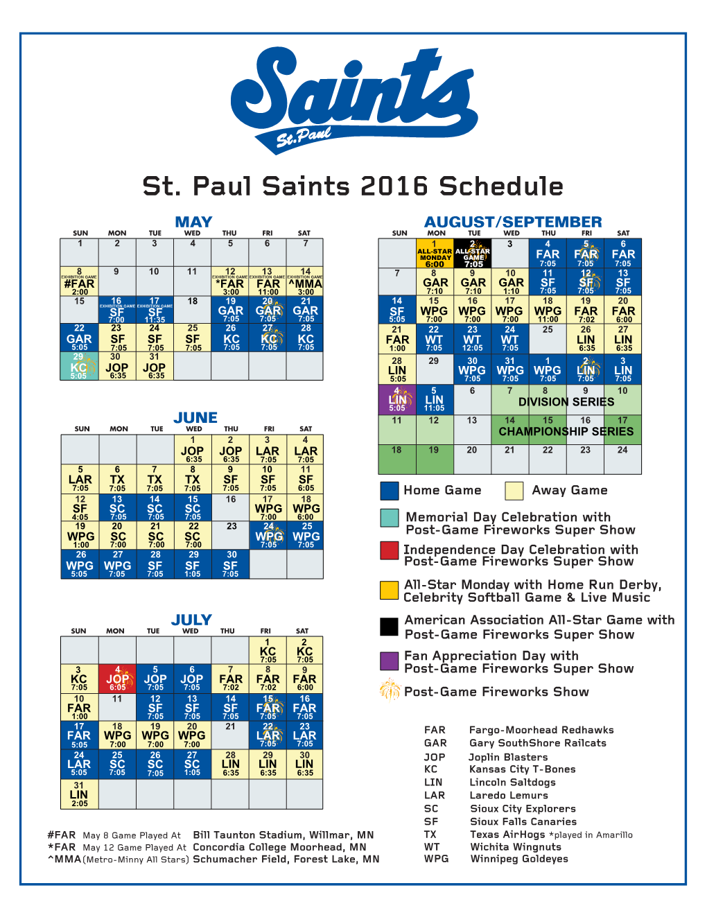 St. Paul Saints 2016 Schedule
