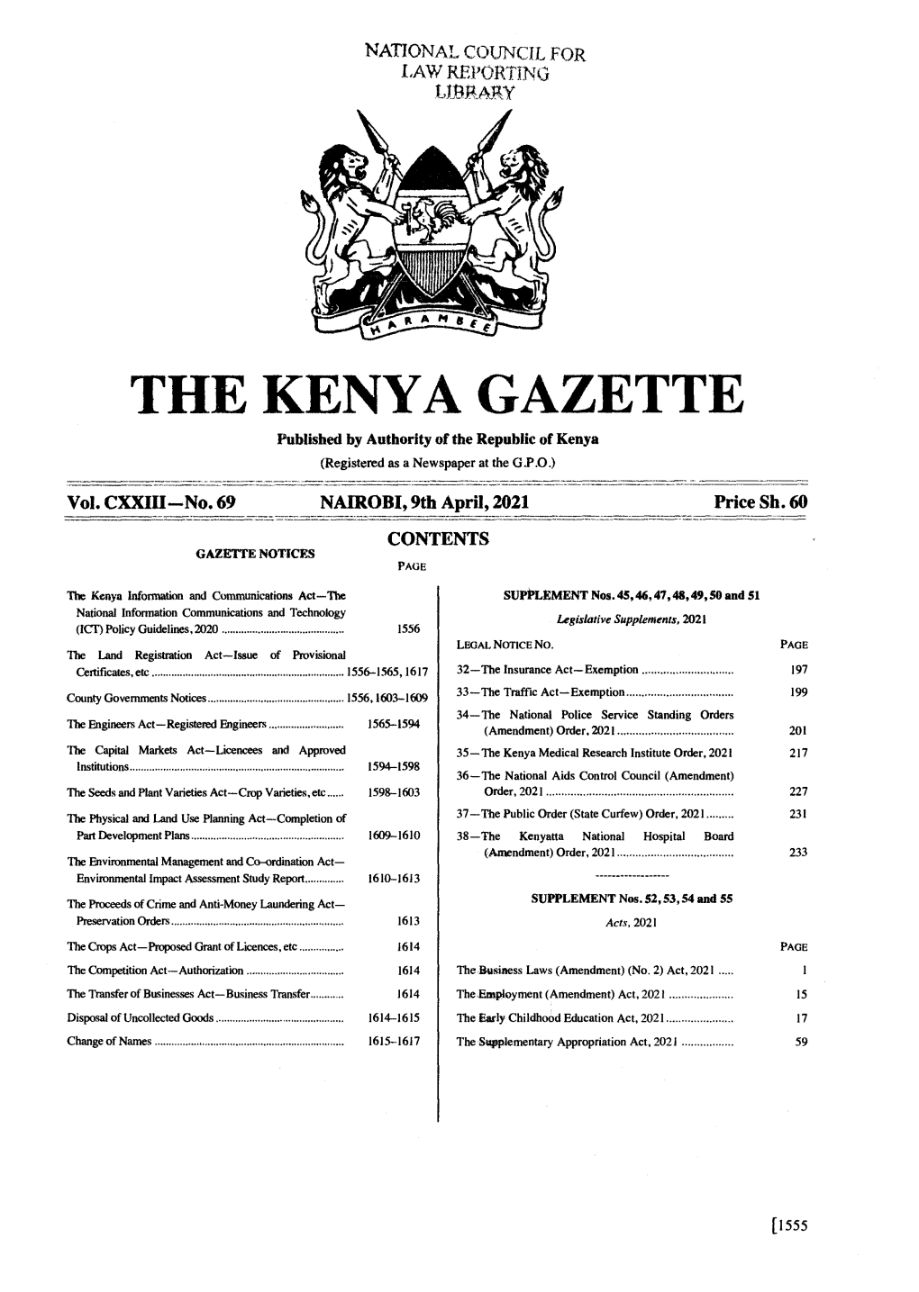 THE KENYA GAZETTE Published by Authority of the Republic of Kenya (Registered As a Newspaper at the G.P.O.) � Vol