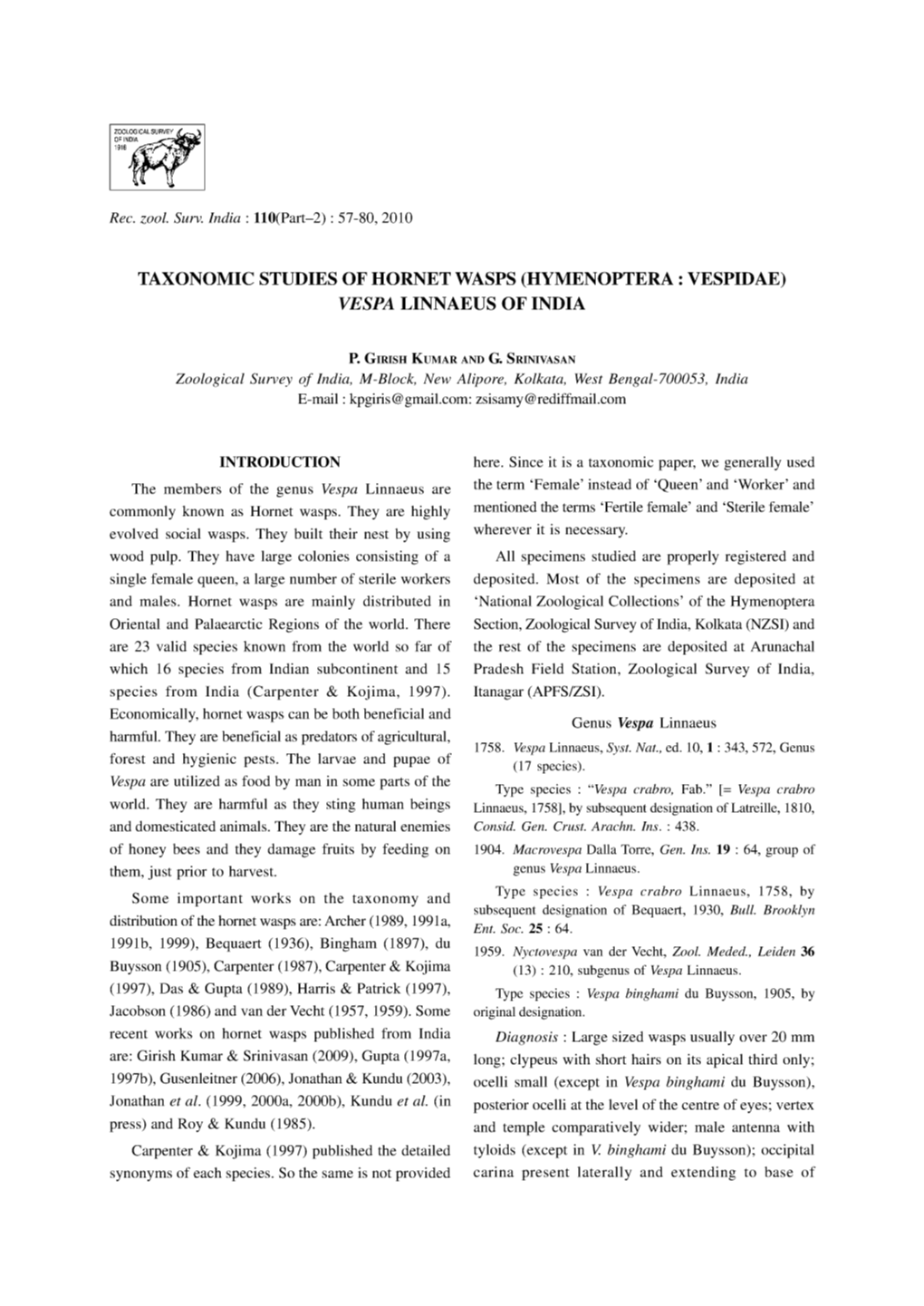 Taxonomic Studies of Hornet Wasps (Hymenoptera: Vespidae) Vespa Linnaeus of India