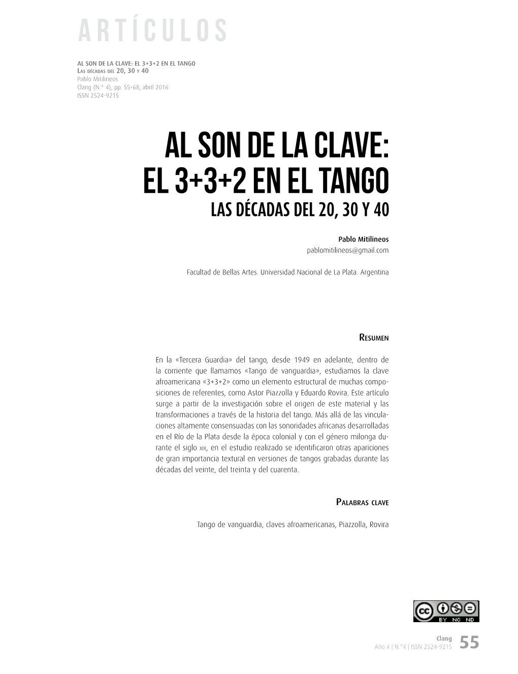Al Son De La Clave: El 3+3+2 En El Tango Las Décadas Del 20, 30 Y 40 Pablo Mitilineos Clang (N.° 4), Pp