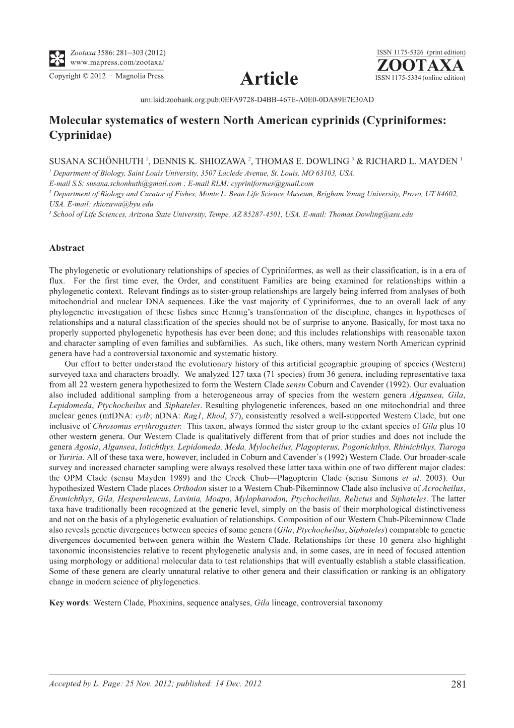 Molecular Systematics of Western North American Cyprinids (Cypriniformes: Cyprinidae)