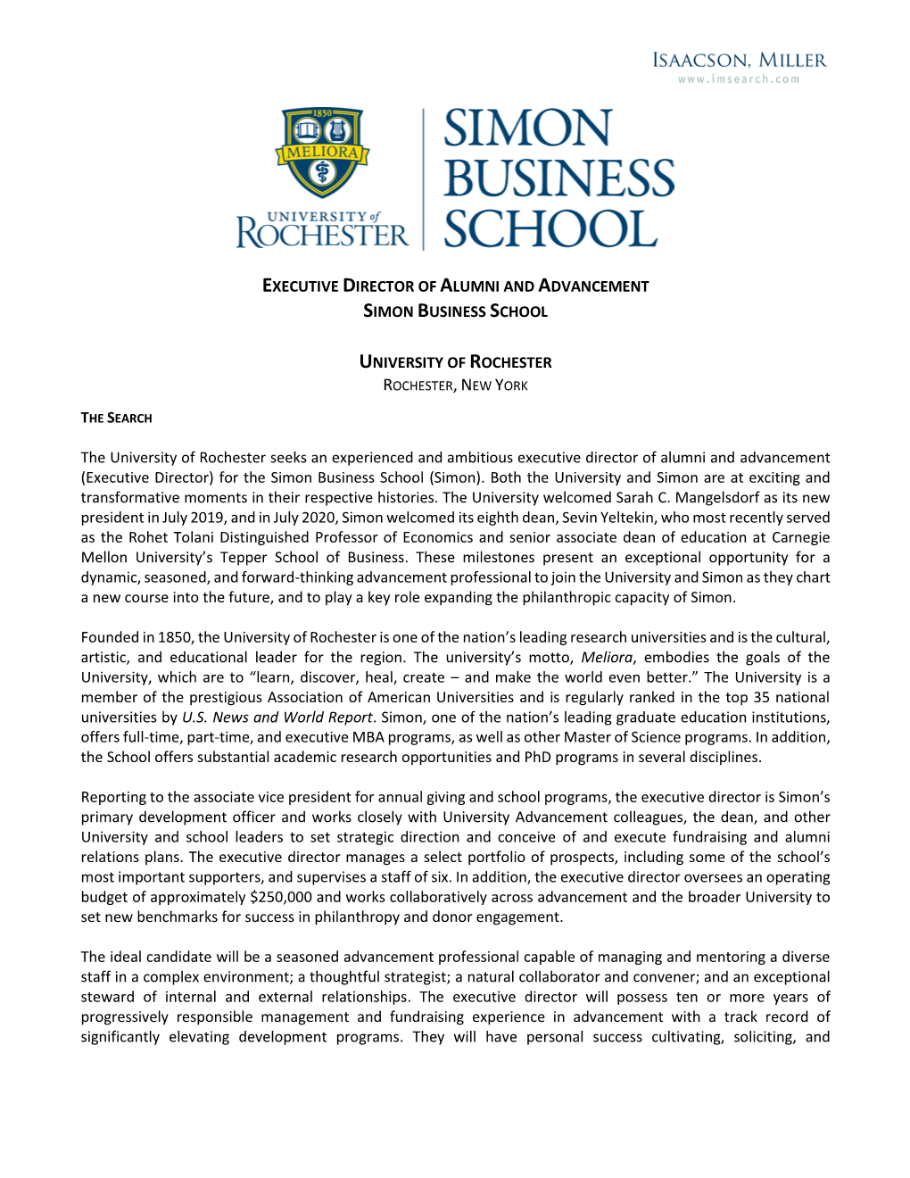 Executive Director of Alumni and Advancement Simon Business School University of Rochester Page 2 of 8