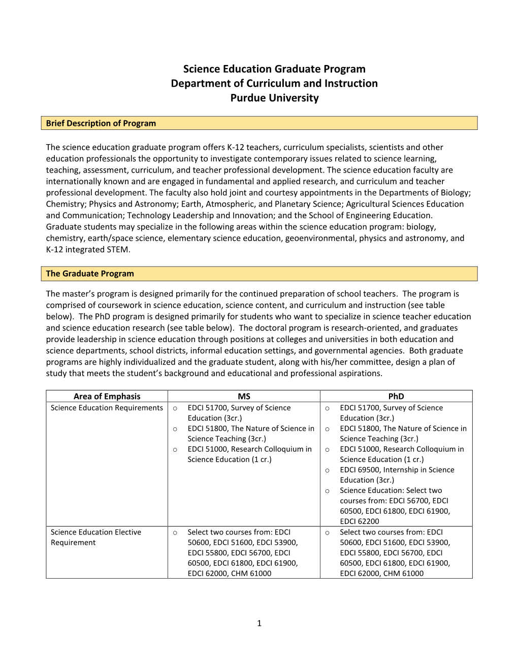 Science Education Graduate Program Department of Curriculum and Instruction Purdue University