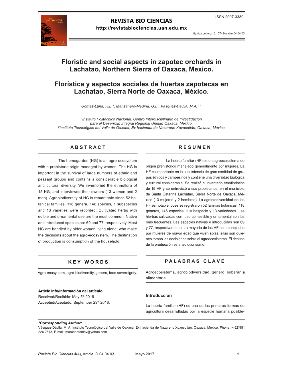 Floristic and Social Aspects in Zapotec Orchards in Lachatao, Northern Sierra of Oaxaca, Mexico