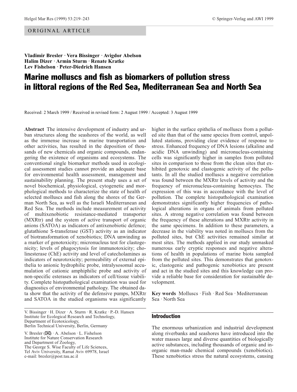 Marine Molluscs and Fish As Biomarkers of Pollution Stress in Littoral Regions of the Red Sea, Mediterranean Sea and North Sea