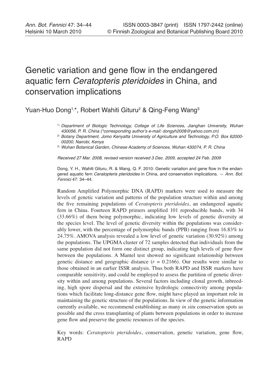 Ceratopteris Pteridoides in China, and Conservation Implications