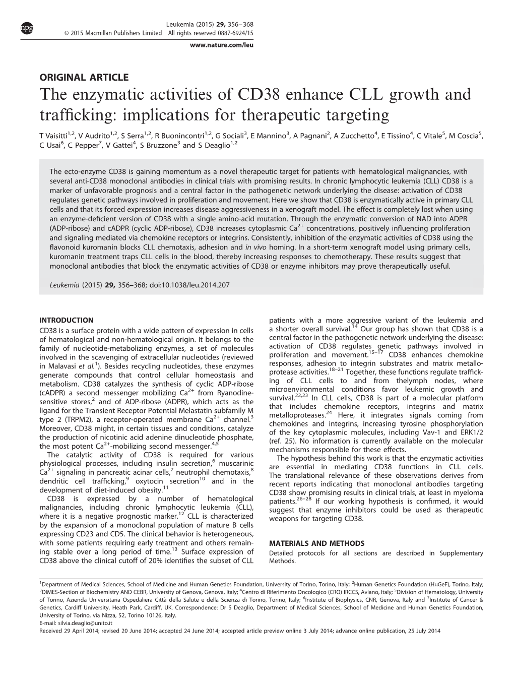 The Enzymatic Activities of CD38 Enhance CLL Growth and Trafficking