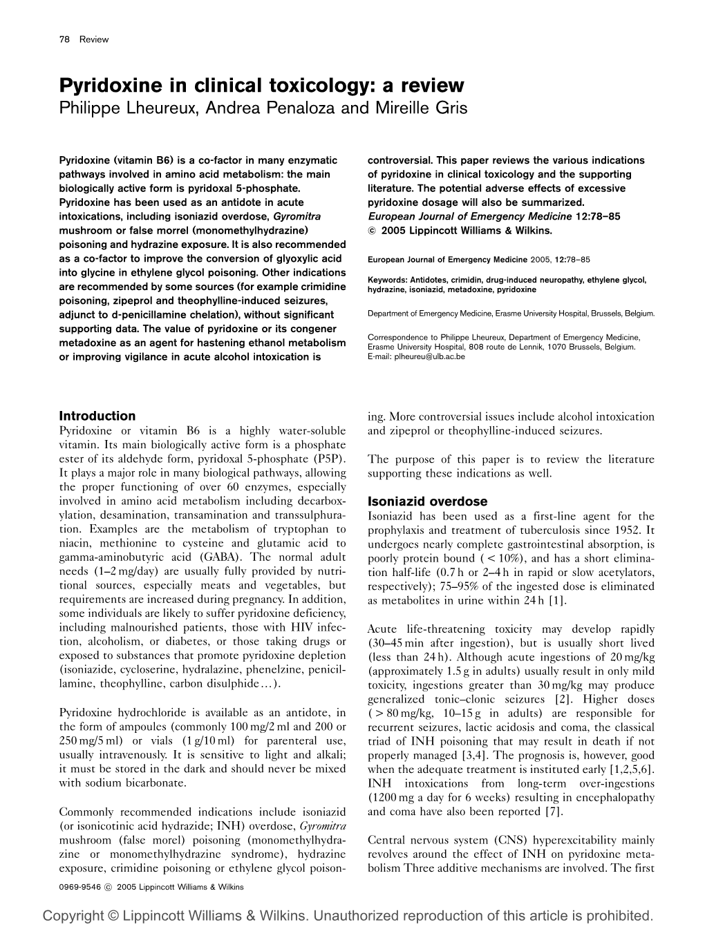 Pyridoxine in Clinical Toxicology: a Review Philippe Lheureux, Andrea Penaloza and Mireille Gris