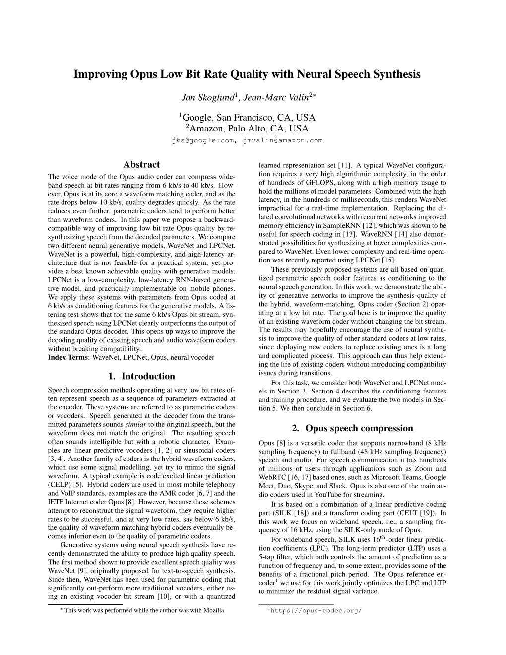 Improving Opus Low Bit Rate Quality with Neural Speech Synthesis