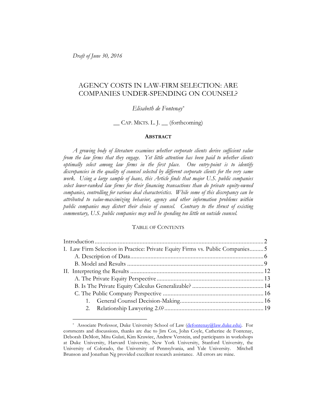 Agency Costs in Law-Firm Selection: Are Companies Under-Spending on Counsel?