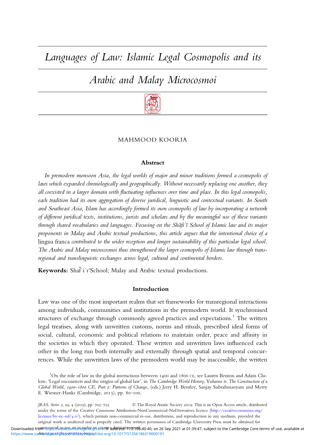 Islamic Legal Cosmopolis and Its Arabic and Malay Microcosmoi