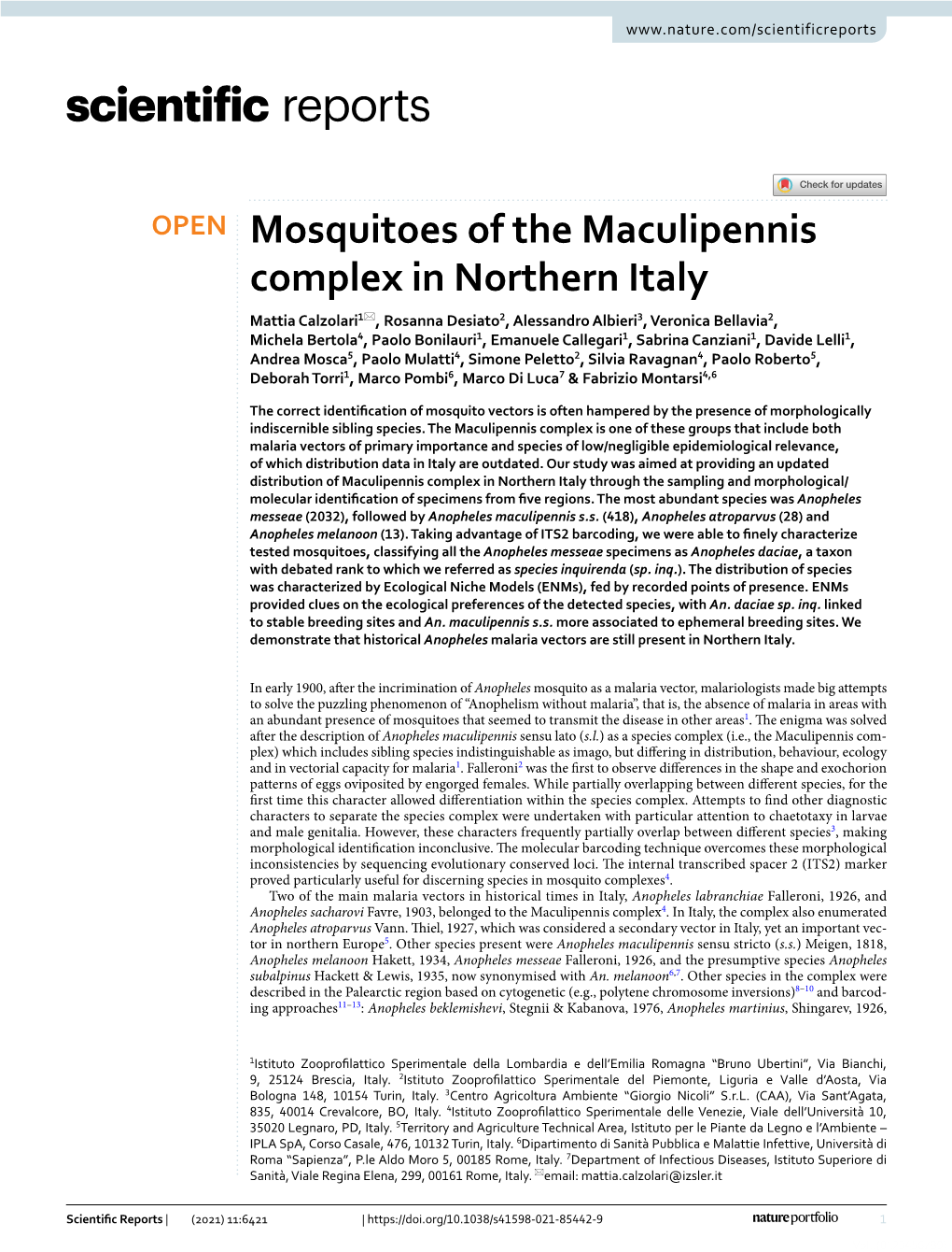 Mosquitoes of the Maculipennis Complex in Northern Italy