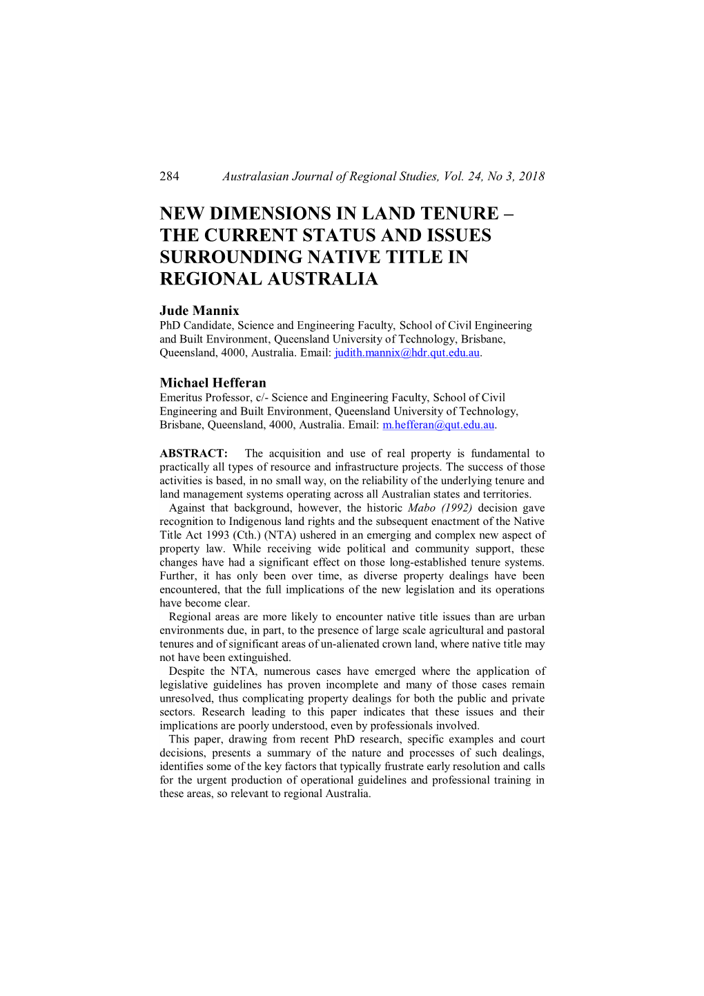 The Current Status and Issues Surrounding Native Title in Regional Australia